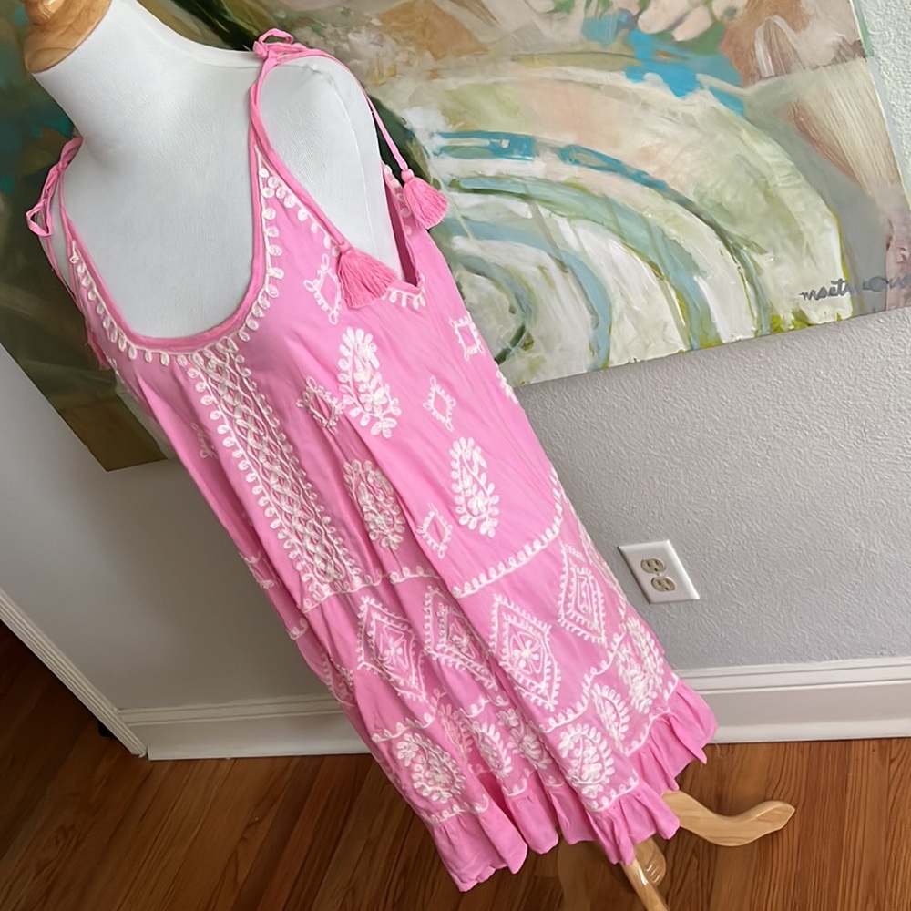 Pranella Dress Embroidered Pink Cover Up Greek Tasseled Size 2 / medium - Picture 6 of 17